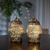 Jinfa 2er-Set Laternen Stimmunglichter mit batteriebetrieber LED-Lichterkette orientalische Zierde Tischdeko Geschenk | Oval | Edles Silber | Ø 10,5 cm × H 18 cm