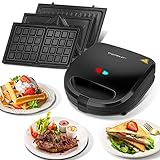 Sandwichmaker 3 in 1, Sandwichtoaster, Kontaktgrill, Waffeleisen 3 in 1, 3 Abnehmbare, Spülmaschinengeeignete und Antihaftbeschichtete Grillplatten, Dreieckig Sandwich Maker 30JVU, 750 W