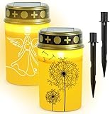 2er Solar LED Grablicht Friedhofskerzen Wasserdichtes Outdoor Stabilisierungsbügel Grablicht mit Dämmerungssensor Grablichter mit Erdspieß Elektrische Grablichte Gedenkkerze (Löwenzahn and Engel)