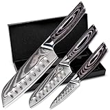 Wolfblood PRO 3er Damastmesser Set XL (31cm 23cm & 19cm) Profi Damast Küchenmesser Set aus echtem 67 Lagen Damaststahl I Santokumesser & Kochmesser mit Holzgriff Geschenkbox & Klingenschutz
