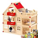 Izzy Puppenhaus aus Holz für Puppen, Puppenstube mit 3 Etagen, 4 Puppen und 15 Möbel, Tragegriff