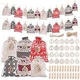 24 Geschenktüten Weihnachten Weihnachtsdeko Tüten/Säckchen，Tüten für Adventskalender Selber Befüllen mit Zahlen aus Holz 1-24,Adventskalender säckchen für Kinder Frauen Männer