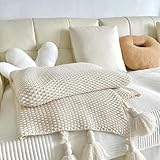 Strickdecke mit nordischen Quasten für Couch, gestrickte Überwurfdecke, leicht, cremefarben, 100 % Bio-Baumwolle, Decke für Sofa, Bett, Baby, Kinderzimmer, Büro, Mittagspause, Schal, Reisen