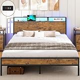 AOGLLATI Bett 160x200 mit LED Beleuchtung,Bettgestell 160x200 mit Steckdose Metallbett mit Holzkopfteil Doppelbett mit Lattenrost aus Metall,30cm Stauraum unter dem Bett Jugendbett Bettrahmen