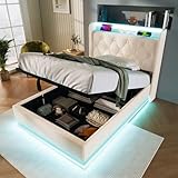 LuxeLiving Polsterbett LED Hydraulisches Stauraumbett Einzelbett 90x200 cm Bettgestell mit Lattenrost, Kunstlederbett Kopfteil mit USB Ladefunktion, Jugendbett(Weiß, 90x200 cm)