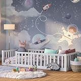 Bellabino Tapi Bett 90x200 cm, Kinderbett mit Rausfallschutz, inklusive Lattenrost, Montessori Bodenbett für Jungen und Mädchen aus Kiefer Massivholz, weiß lackiert, Bed