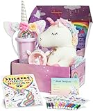 Einhorn Geschenke für Mädchen 3 4 5 6 7 8 Jahren, Einhorn Kuscheltier & Einhorn Nachtlicht & Wasserbecher & Halskette & Haarreif & Malbuch, Einhorn Spielzeug Geschenk für Kinder Mädchen 3-8 Jahren