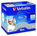 Verbatim 43713 BD-R Single Layer Blu-ray Rohlinge I 25 GB I Blu-ray-Disc mit 6-facher Schreibgeschwindigkeit I 10er-Pack I großflächig bedruckbar I Blu-ray-Disks für Video- und Audiodateien