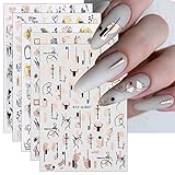 JMEOWIO Nagelsticker Goldene Blumen 10 Blatt Nail Art Sticker Selbstklebend Nagelaufkleber Frühling Linie Abstraktes Blatt Dekoration Nageldesign Zubehör