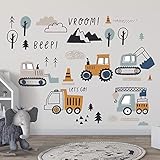 37 Stück Wandtattoo Kinderzimmer Junge, Konstruktion Wandsticker Kinderzimmer Jungen Selbstklebend, Schlafzimmer Spielzimmer Wand Deko Bagger Bulldozer Straßenwalze Gabelstapler (Typ C)