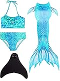 Pyjacos meerjungfrauenflosse mädchen Badeanzug - Meerjungfrau Flosse Bademode mit Bikini Set und Monoflosse Mermaid Tail, 4 Stück Set，blackseDH06-150