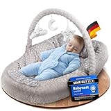 CHILDOO Babynest [inkl. Spielbogen] Baby Nestchen aus OEKOTEX Stoffen, Babynestchen für Neugeborene, Kuschelnest für Mädchen und Jungen | Beige & Bären (Grau mit Sternen)
