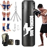 Boxsack Hängend Set, Boxsack Gefüllt für Erwachsene Kinder, 120cm Box Sack für Zuhause mit Boxhandschuhen, Wraps, Kette,Deckenhaken, Schwere Boxsäcke Kickboxsack für MMA Muay Thai Karate Taekwondo