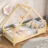 Aunvla Hausbett Kinderbett 90x200cm mit Rausfallschutz Spielbett Jugendbett Massivholz in Natur