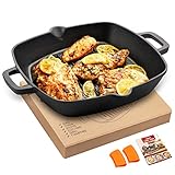 OVERMONT Grillpfanne Gusseisen - Gusseisenpfanne quadratisch 26 cm - Steakpfannen einsatzfertig eingebrannte - Bratpfanne mit zwei Griffen - für Gasgrill Backofen Kohlegrill