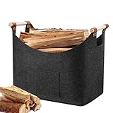 Holzkorb für Kaminholz, XXL Kaminholzkorb Filz Feuerholzkorb Filztasche Brennholzkorb Kaminkorb Filzkorb Faltbarer mit verstärktem Holzgriff für Einkauf, Zeitung oder Brennholz, 55 x 32 x 40cm