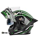 Bluetooth Full Face Motorradhelm Modular Flip Up Motorrad Street Helm DOT ECE Zugelassen Für Erwachsene Männer Frauen Mit Doppelvisier, Moped Street Bike Racing Helm,Black green,XXL