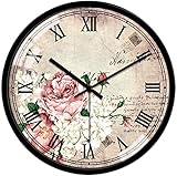 VIKMARI Glas Blumen Wanduhr Leise Nicht Tickend Wanduhren Vintage römische ziffern Glas dekorative runde Wand-taktgeber 12 Inch