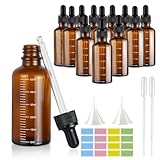 Braunglas-Tropfflasche: 12 x 50 ml Glaspipette, leer, Anti-UV, wiederverwendbar, mit 2 Trichtern, 2 Kunststoff-Tropfflaschen, 2 Aufklebern, für ätherisches Öl, Aromatherapie, Labor, Massage, Make-up