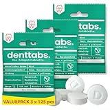 Denttabs Zahnputztabletten Minze mit Fluorid 3 x 125 stk. für 6 Monate die vollwertige Alternative zur Zahnpasta VEGAN Plastikfrei ohne Konservierungsstoffe. Im Orginal denttabs kompostierbaren Beutel