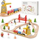 Tiny Land 55Pcs Holzeisenbahn Set, Eisenbahn Holz für Kinder mit Kran, Kombinierbar Zug Spielzeug, Holzeisenbahn Zubehör Passend für Alle Großen Marken, Holzzug Spielzeug für Kinder ab 2~5