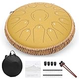 AMKOSKR Stahlzungentrommel, 14 Zoll 35 cm Steel Tongue Drum, C-Dur 15 Noten, Handtrommel HandPan Drum mit Drumsticks/Tragetasche(Gold)