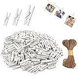 Deepton 150 Stück Holzklammern Klein Weiße, 2.5/3/3.5cm Mini Wäscheklammern Holz, Kleine Klammern mit 10m Juteschnur, Deko Fotoklammern für DIY Fotowand, Kartenhalter, Bastelprojekte & Partydeko