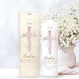 Wandtattoo Loft Taufkerze Mädchen mit Taufspruch, Motiv Heiliges Kreuz aus rosa Blättern, 25cm x 7cm, personalisierte Kerze, bedruckte rosa Kerze Taufe, Stumpenkerze, individuelles Taufgeschenk