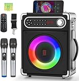 Karaoke Anlage mit 2 Mikrofonen, Tragbarer Kabelloser Lautsprecher Party Musik Box mit LED-Leuchten, Bluetooth Karaoke Maschine System PA Anlage unterstützt TWS/USB/TF-Karte/AUX/FM