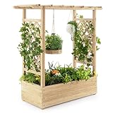 COSTWAY Hochbeet mit Rankgitter & hängendem Dach, Pflanzkasten mit Rankhilfe, Blumenkasten für Kletterpflanzen & hängende Körbe, für Garten Hof Terrasse, Pflanzgefäß aus Holz, Natur
