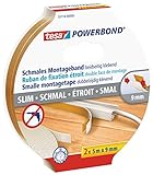 tesa Powerbond Montageband Schmal, 2 Stück - extra schmales Montageklebeband aus Schaumstoff, doppelseitig klebend - beige, 5 m x 9 mm - 2 Rollen