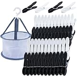KEYBOO Wäscheklammern mit Korb, 48 Stück Wäscheklammer Kunststoff Stabil, Windfest für Clip Kleidung schwarz/weiß rutschfeste Wäscheklammern ohne Abdruck für Wäscheleine,Handtuch, Kleidung, Socken