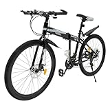 Levkitch 26 Zoll Mountainbike 21-Speed Erwachsene Faltenräder 26'' Rad MTB Rennrad mit doppelten Scheibenbremsen Hochfester Stahlrahmen bis zu 120 kg für Outdoor Travel Camping (Schwarz-Silber)