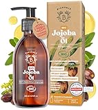 BIONOBLE Jojobaöl Bio Kaltgepresst 100% Rein - Reguliert Sebum, Pflegt Sanft, Anti-Pickel - Jojobaöl Haare, Gesicht, Körper, Nägel - Hexanfrei, Vegan Jojoba Oil - Glasflasche mit Pumpe - 200ml