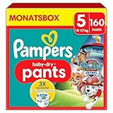 Pampers Windeln Paw Patrol Pants Größe 5 (12-17kg) Baby-Dry, Junior mit Stop- und Schutz Täschchen, MONATSBOX, 160 Höschenwindeln