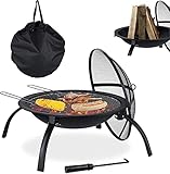 Schwarz XL Feuerschale mit Grillrost, Faltbarer Tragbarer Feuerkorb, Feuerschale mit Funkenschutz, Outdoor Fire Pits Feuerschalen für den Garten, Winter Heizung, Wohnmobil Reisen und Camping, Ø56,5 cm