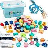 Faerly® Fädelspiel 60 Teile + Box - Montessori Spielzeug ab 2 3 4 5 6 Jahre für Kinder Pädagogisches Spiele Bauernhof Motorikspielzeug Holzspielzeug Feinmotorik