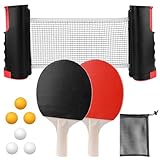 Tischtennisschläger Set, Tischtennis Set Profi mit 2 Tischtennis Schläger, 1 Einziehbarem Netz, 6 Tischtennis-Bälle und 1 Tragetasche,Professionelles Ping Pong Set für Indoor Outdoor Kinder Erwachsene