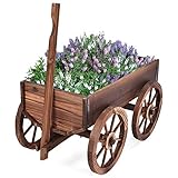 DREAMADE Blumenwagen Pflanzkarre aus Anti-Korrosions Holz, Blumenschubkarre mit 4 Rädern, Pflanzschubkarre als Dekoration, Blumenständer für Garten Terrasse Balkon, 120x43x53,5cm, braun