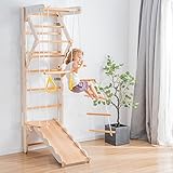 6 in 1 Multifunktions Sprossenwand Set für Kinder mit Schaukeln/Klimmzugstange/Ringe/Schaukel/Krabbelleiter und Strickleiter-Holz Klettergerüst Indoor - Kletterwand, Klettergerüst, Turnwand (B)