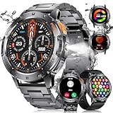 FOXBOX Militär Smartwatch Herren mit Telefonfunktion, 1.43' AMOLED Bildschirm Smart Watch mit LED Taschenlampe für Android iOS, IP68 Wasserdicht, 24H Herzfrequenz, 300+ Zifferblätter, 110+ Sportmodi