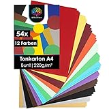 OfficeTree 54 x Tonkarton A4 Bunt - 220g Bastelkarton Bunt - 10 Farben - Bunte Pappe zum Basteln und Gestalten - Plus 2 Gold- und 2 Silberbögen