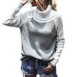 StarTreene Damen Rollkragenpullover Grobstrick Rippstrickpullover Farbblock Pullover Sweater Casual Tops, grau, XL