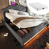 TIZZ Polsterbett 140x200, Doppelbett hydraulischem Stauraum, LED-Beleuchtung USB-C-Ladeanschluss, Stauraumbett Jugendbett Lattenrost, Samt, Grau, Mit Matratze