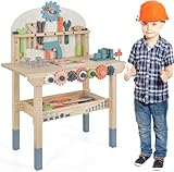 DREAMADE Werkbank Kinder, Werkzeugbank für Kinder aus Holz mit 8 Werkzeugen & 55 Zubehör, Werkzeug Spielzeug Set mit Strauraum & Uhr & Werkzeughalter, Werkbank für Kinder ab 3 Jahren