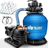 tillvex® Sandfilteranlage Pool 13.200L/h bis 40.000L + 1200g Filterbälle | Filteranlage 7-Wege Ventil & 2in1 Adapter Ø32-38mm | Poolfilter Selbstansaugend | Sandfilter Schwimmbecken (Blau)