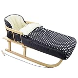 BAMBINIWELT Kombi-Angebot Holz-Schlitten mit Rückenlehne & Zugseil + universaler Winterfußsack (108cm), auch geeignet für Babyschale, Kinderwagen, Buggy, aus Wolle schwarz weiße Punkte