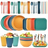 KIMIGO Unzerbrechliches Geschirr Set 4 Personen,56 Teiliges Camping Geschirr Set,Plastikgeschirr Picknick,Grill Kunststoff Servierteller Schüsseln Besteck Set,Picknick Tafelsevice für BBQ Garten