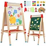 Kindertafel aus Holz mit Papierrolle Doppelseitige Whiteboard und Tafel Kinder Staffelei mit Zahlen und Anderem Zubehör für Kinder und Kleinkinder (T04)