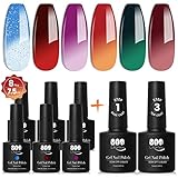 YTD Likomey UV Nagellack Farbwechsel Thermo Set,6 Farben Mit Base und Top Coat Kit,Rot Grün Blau Violett Mehrfarbig Chamäleon Shellac Gelnägel Farbgel,8 Pcs 7.5ml